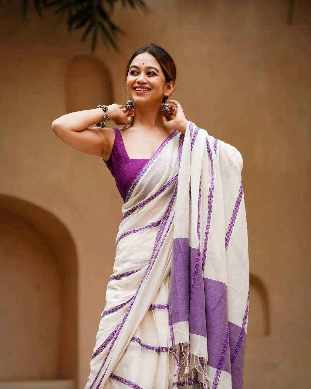 White Premium Linen Cotton Saree with Elegant Digital Print & Satin Blouse