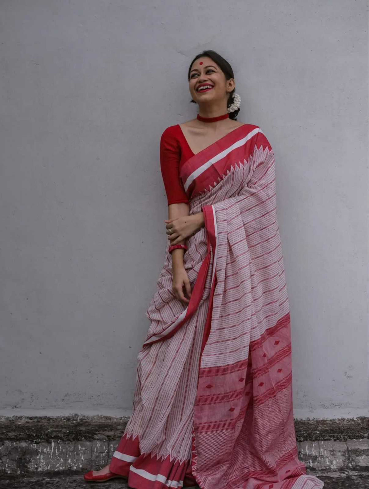 Red & White Cotton Printed Saree