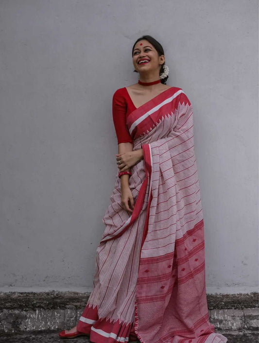 Red & White Cotton Printed Saree