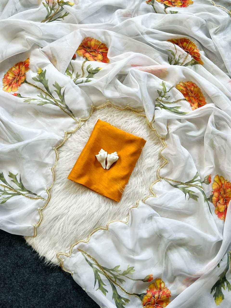 Premium Soft Tabby Floral Print Saree with Cutdana Handwork & Jalapari Silk Blouse