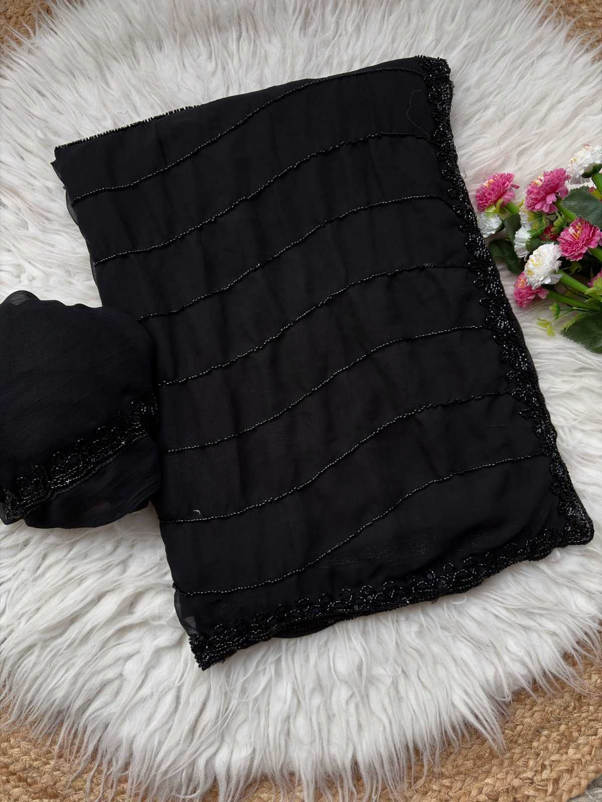 Black Faux Georgette Fancy Saree with Cutwork Border | Elegant Party Wear Unstitched Saree