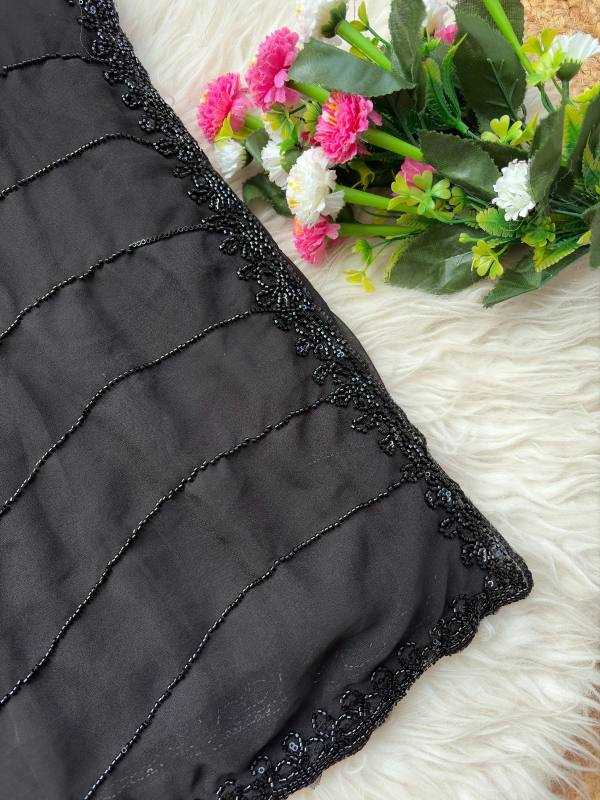 Black Faux Georgette Fancy Saree with Cutwork Border | Elegant Party Wear Unstitched Saree