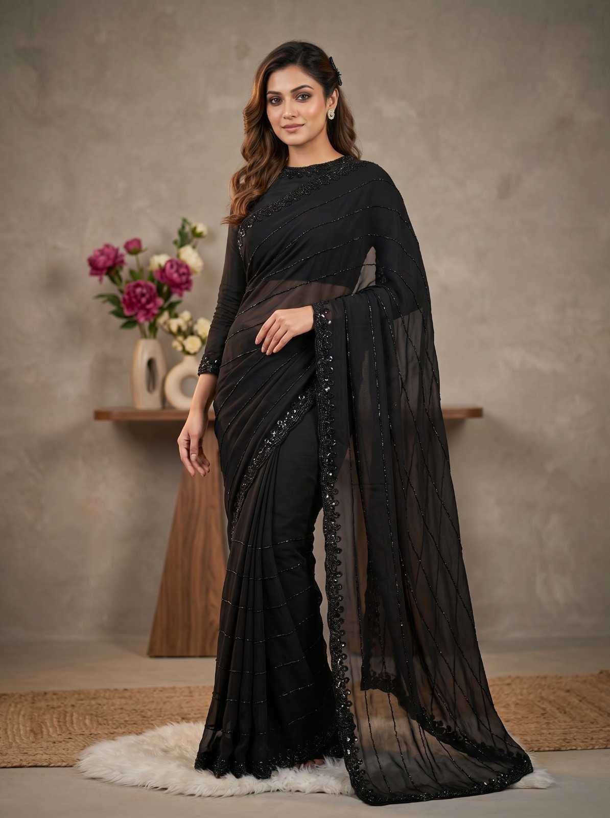 Black Faux Georgette Fancy Saree with Cutwork Border | Elegant Party Wear Unstitched Saree