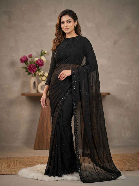 Black Faux Georgette Fancy Saree with Cutwork Border | Elegant Party Wear Unstitched Saree