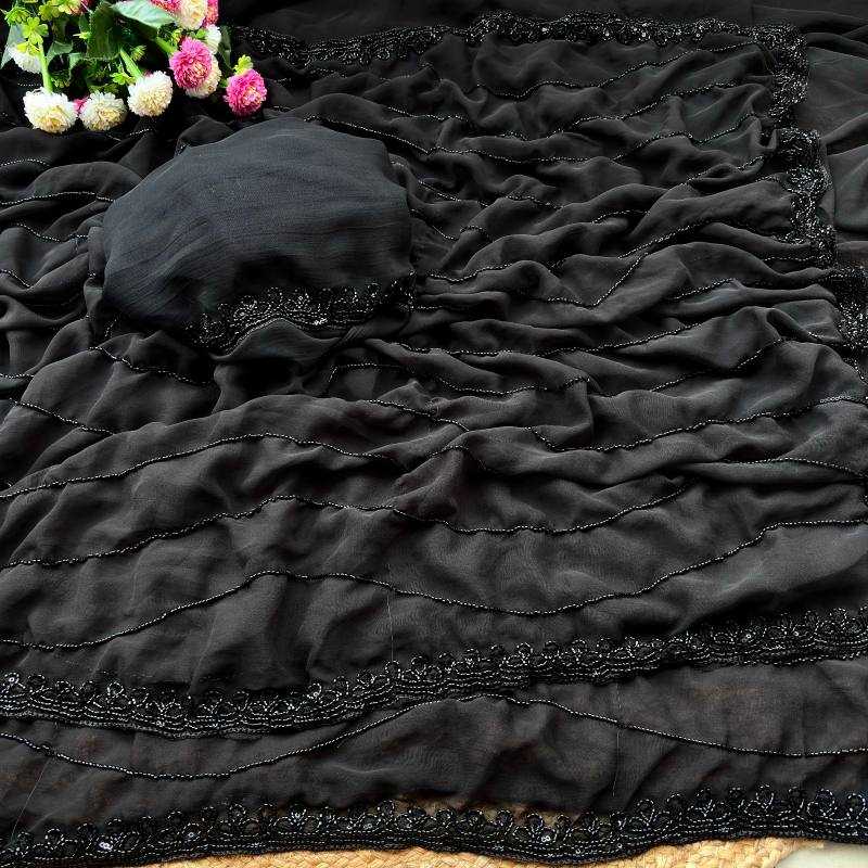 Black Faux Georgette Fancy Saree with Cutwork Border | Elegant Party Wear Unstitched Saree