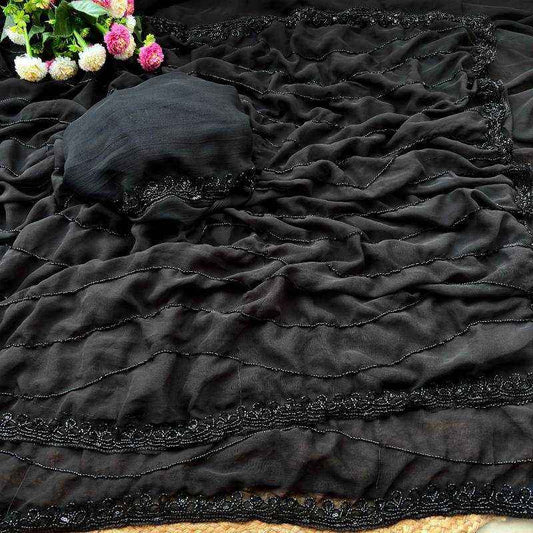 Black Faux Georgette Fancy Saree with Cutwork Border | Elegant Party Wear Unstitched Saree