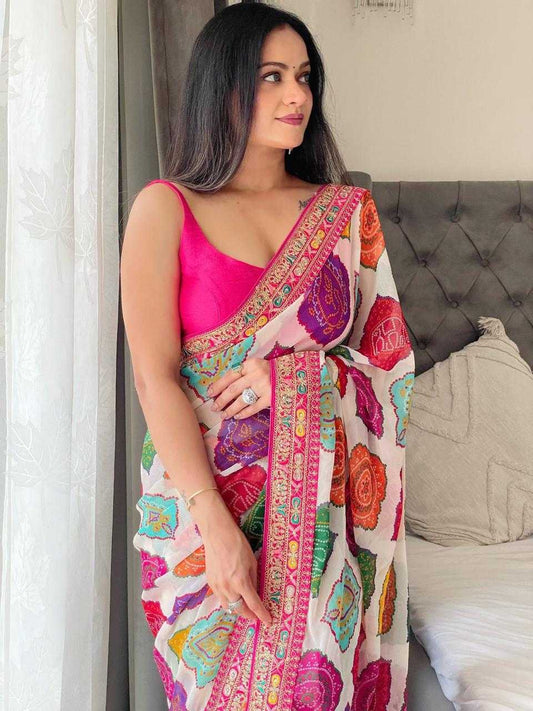 White Premium Bandhani Print Georgette Saree with Embroidered Border