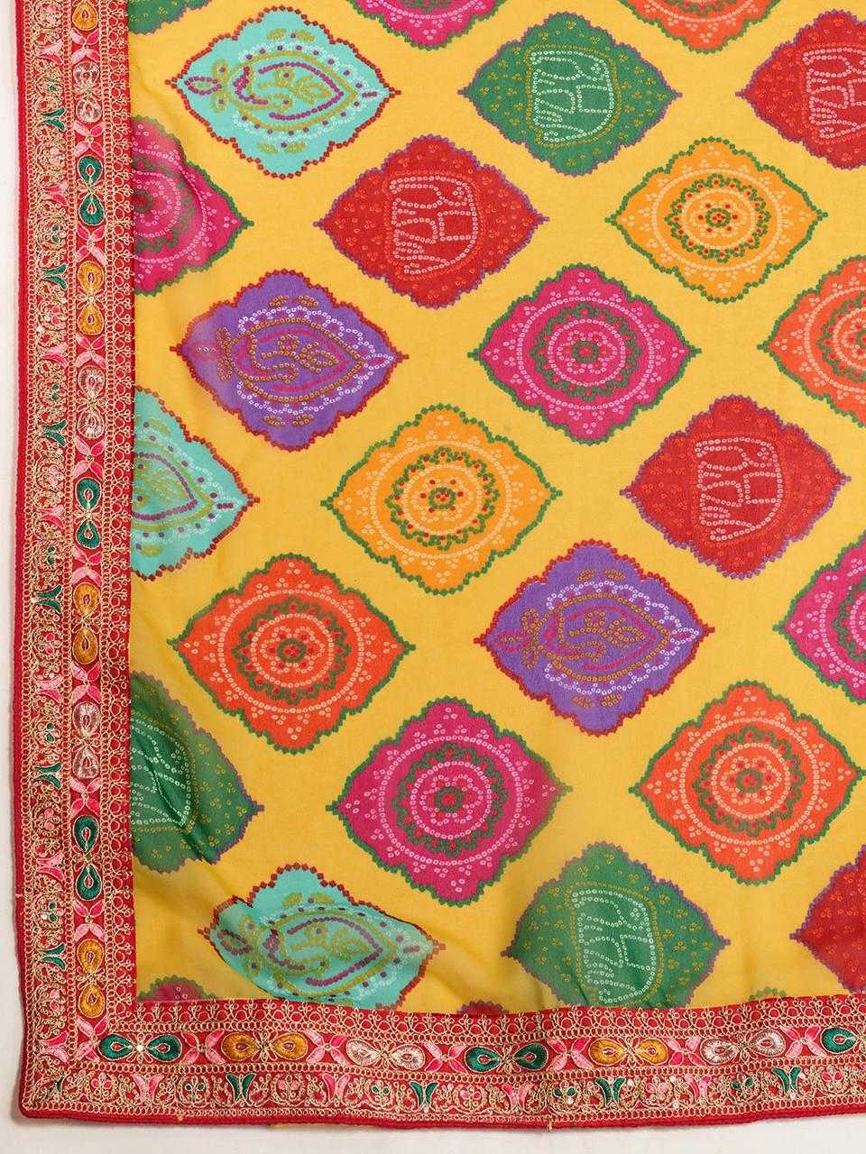 Mustard Premium Bandhani Print Georgette Saree with Embroidered Border
