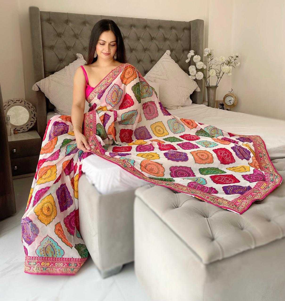 White Premium Bandhani Print Georgette Saree with Embroidered Border
