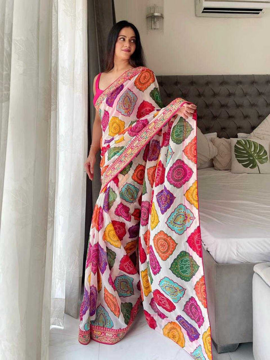 White Premium Bandhani Print Georgette Saree with Embroidered Border
