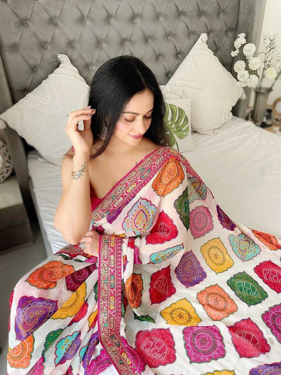White Premium Bandhani Print Georgette Saree with Embroidered Border