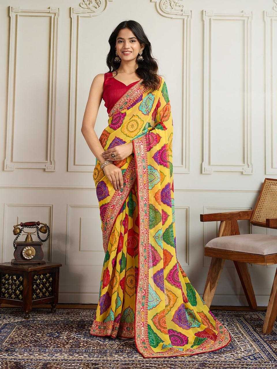 Mustard Premium Bandhani Print Georgette Saree with Embroidered Border