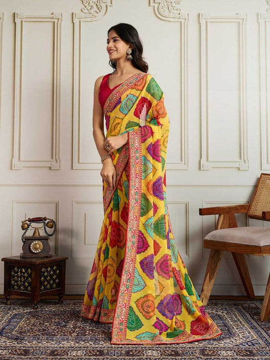 Mustard Premium Bandhani Print Georgette Saree with Embroidered Border