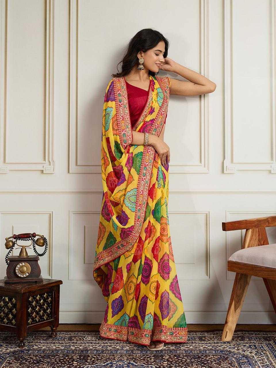 Mustard Premium Bandhani Print Georgette Saree with Embroidered Border