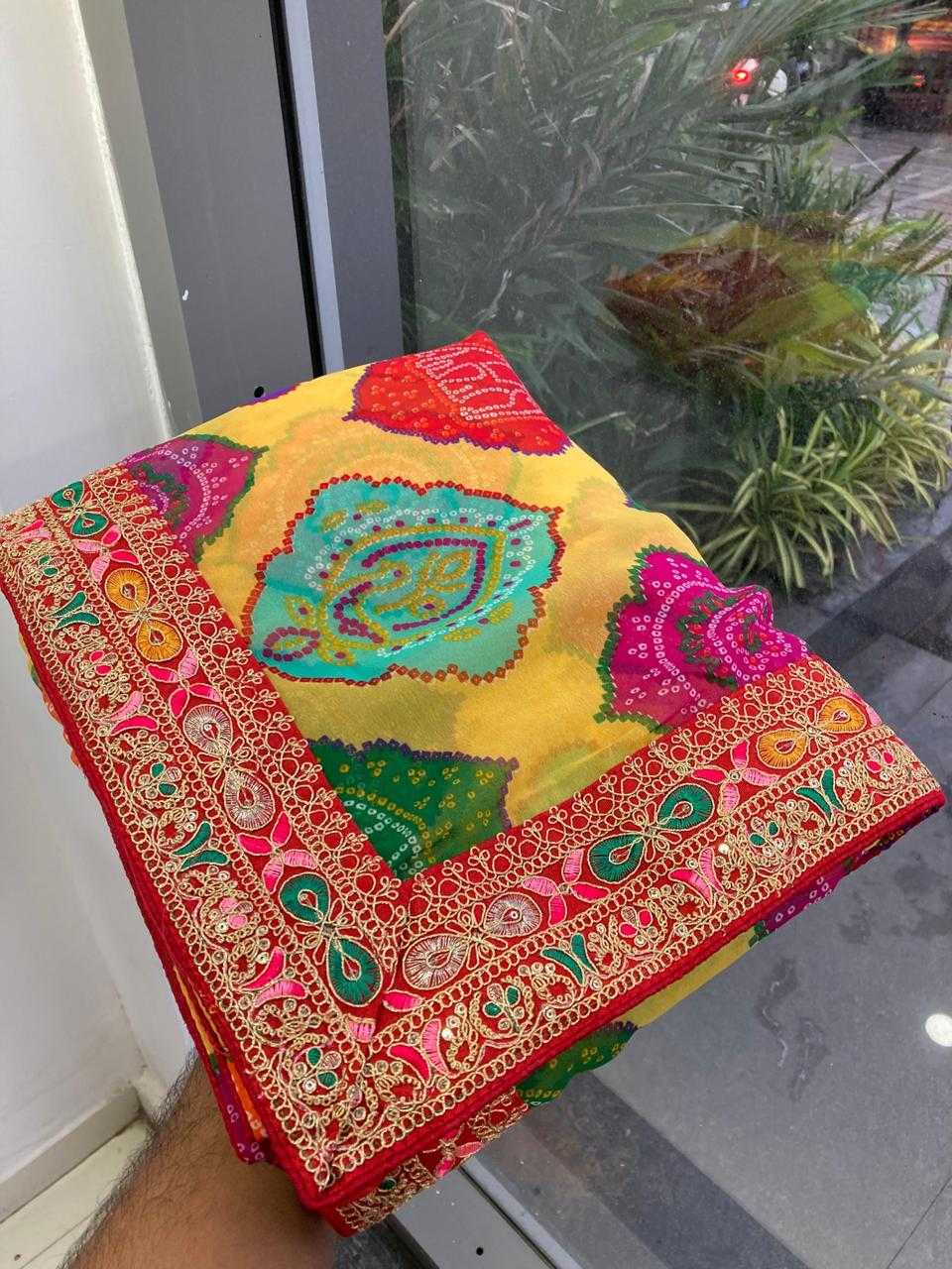 Mustard Premium Bandhani Print Georgette Saree with Embroidered Border