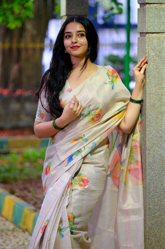 Cream Floral Tussar Silk Handloom Saree | Elegant Onam Collection Unstitched Saree