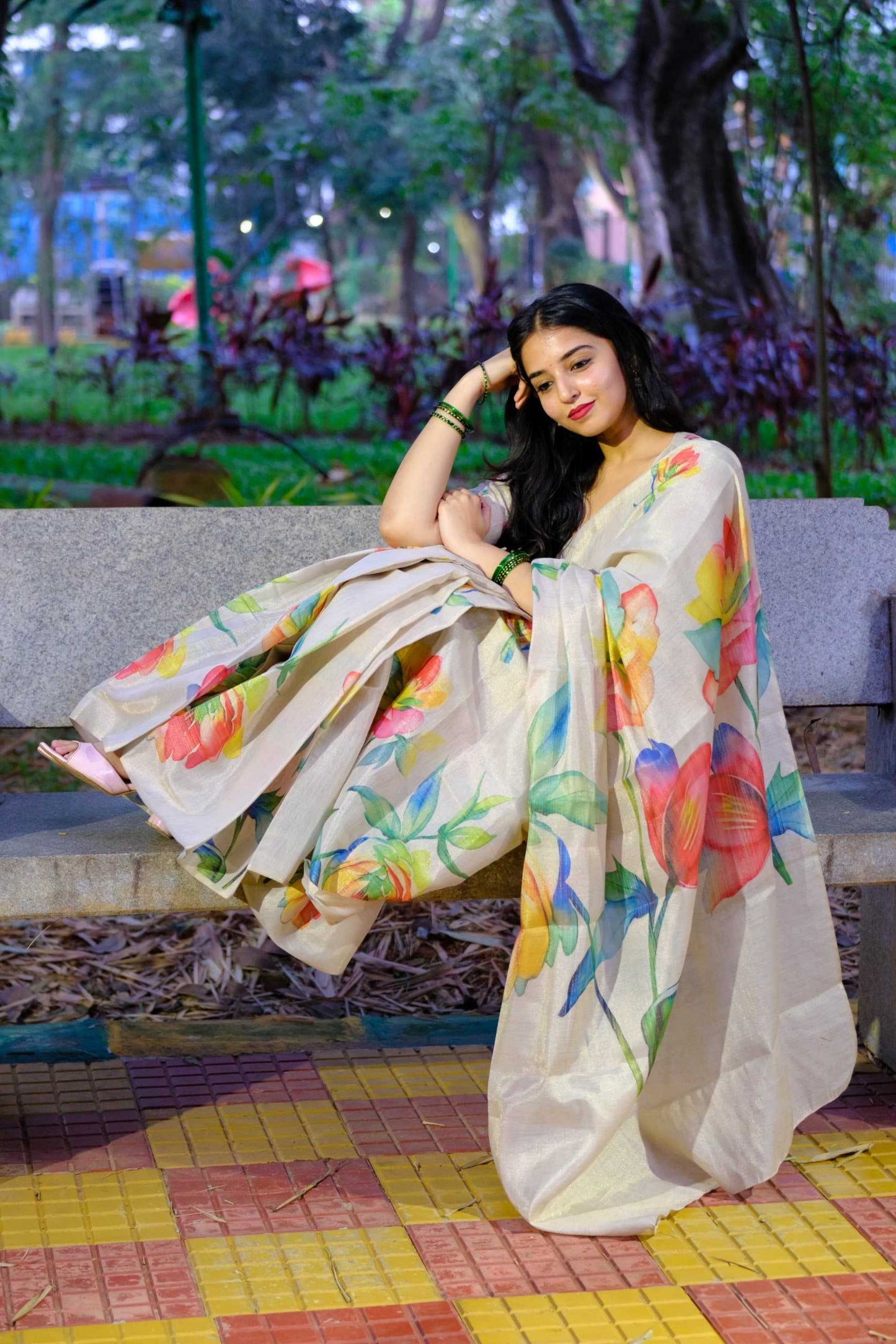 Cream Floral Tussar Silk Handloom Saree | Elegant Onam Collection Unstitched Saree