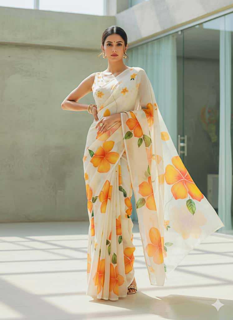 Premium Floral Digital Print Paper Georgette Saree with Matching Blouse