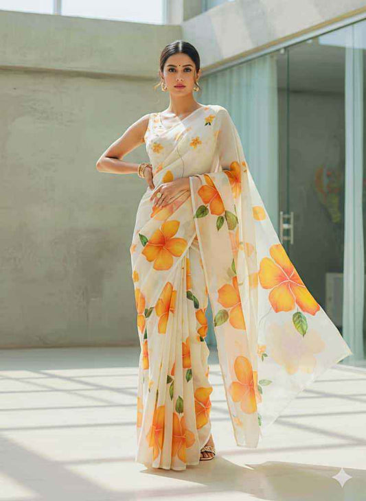 Premium Floral Digital Print Paper Georgette Saree with Matching Blouse - House of ViDi