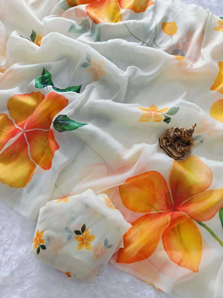 Premium Floral Digital Print Paper Georgette Saree with Matching Blouse