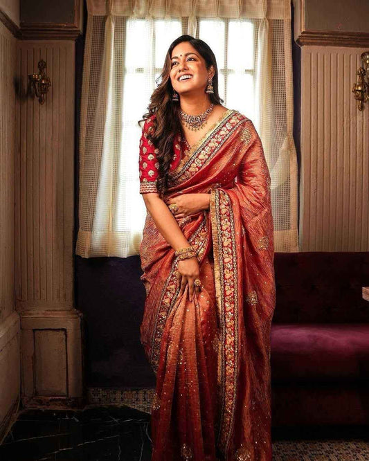 Premium Banarasi Crush Saree with Embroidery, Sequins & Coding Work