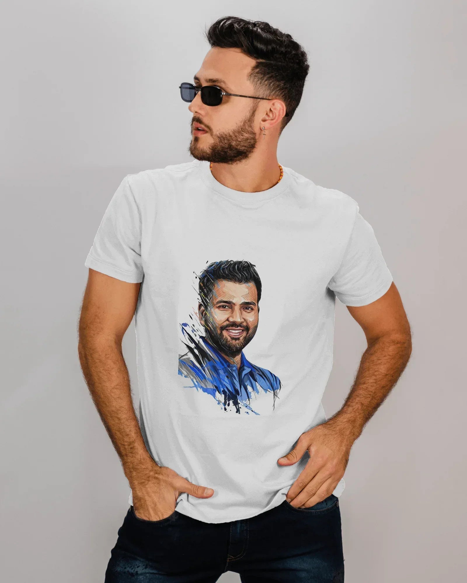 Rohit Sharma Portrait White T-Shirt - House of ViDi