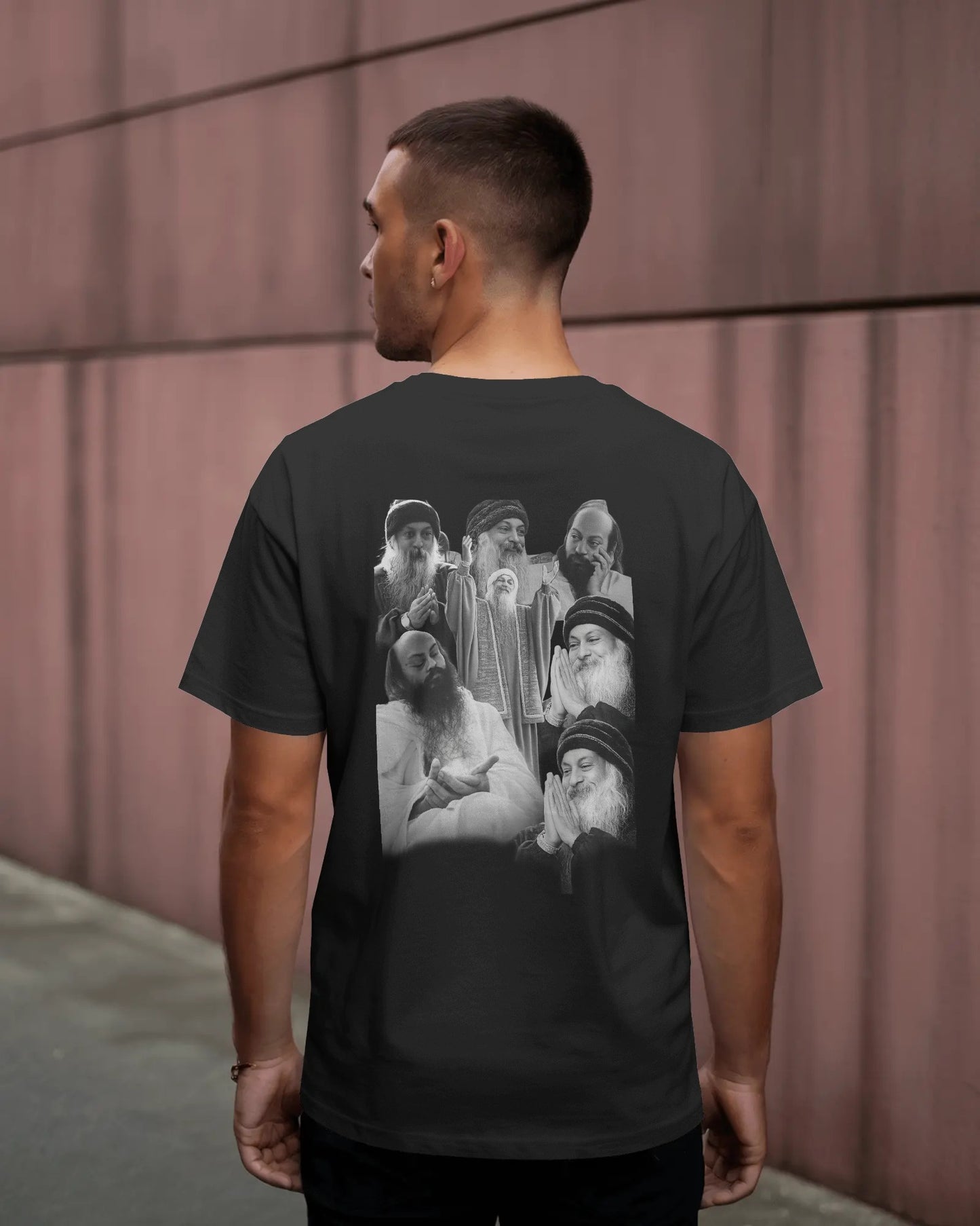 Osho Divine Expressions Back Print T-Shirt – Monochrome Spiritual Collage Tee