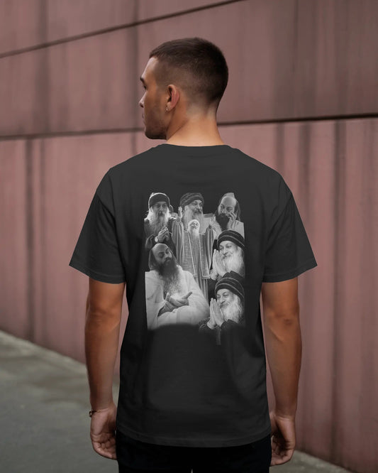 Osho Divine Expressions Back Print T-Shirt – Monochrome Spiritual Collage Tee