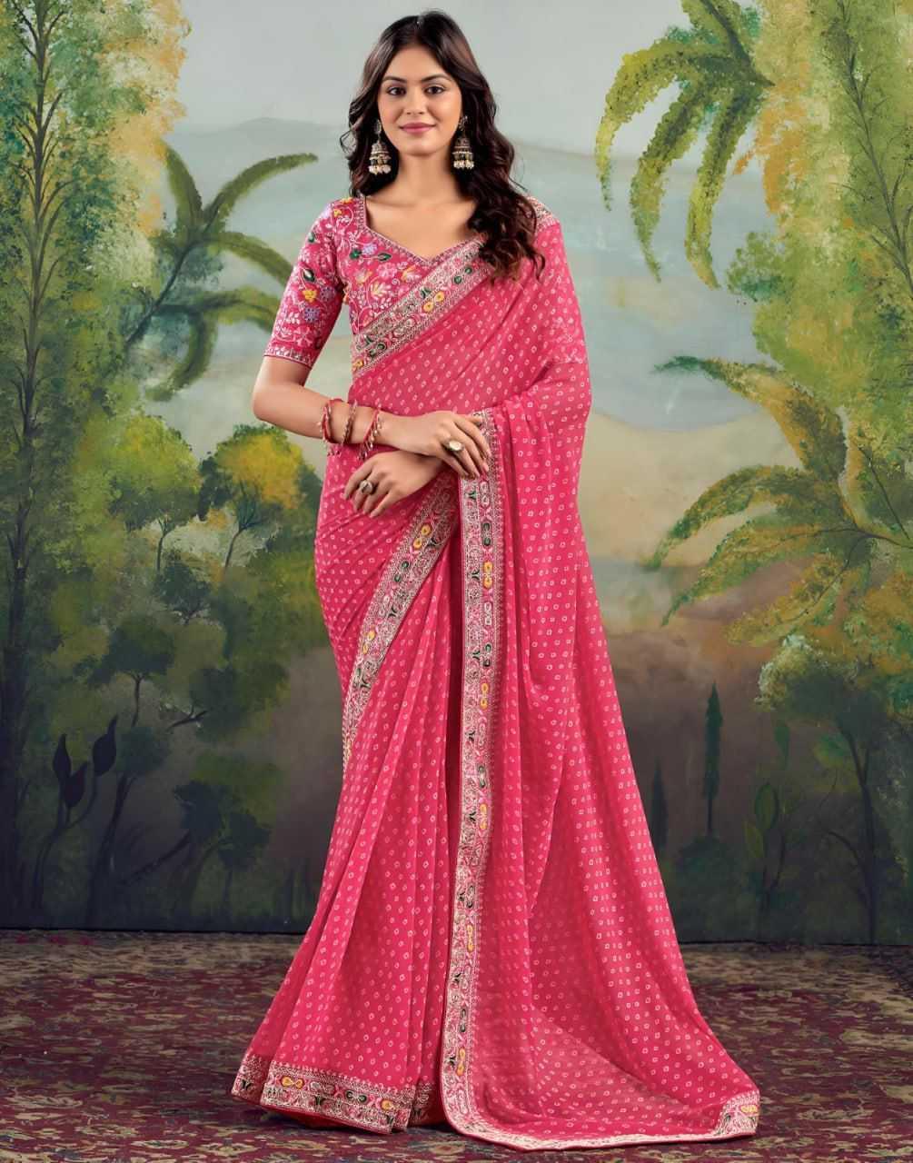 Rani Printed Georgette Saree with Embroidery Lace Border & Designer Blouse - House of ViDi