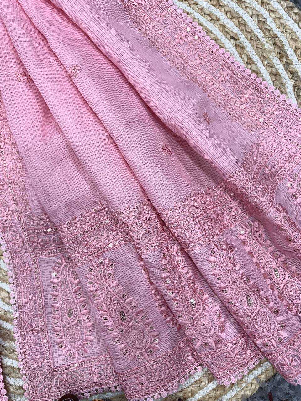 Soft Pink Kota Chex Designer Saree with Sequins & Thread Embroidery | Party Wear Saree | House of ViDi