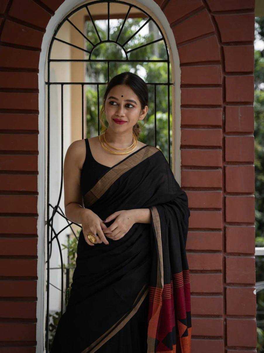 Black Soft Linen Jacquard Party Wear Saree with Rich Pallu & Woven Border