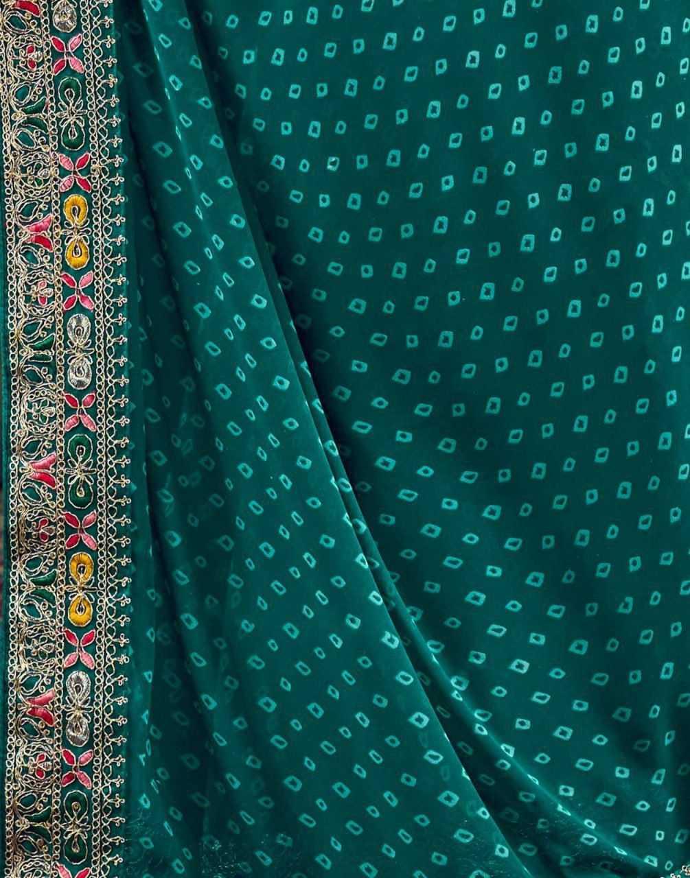 Rama Green Printed Georgette Saree with Embroidery Lace Border & Designer Blouse - House of ViDi