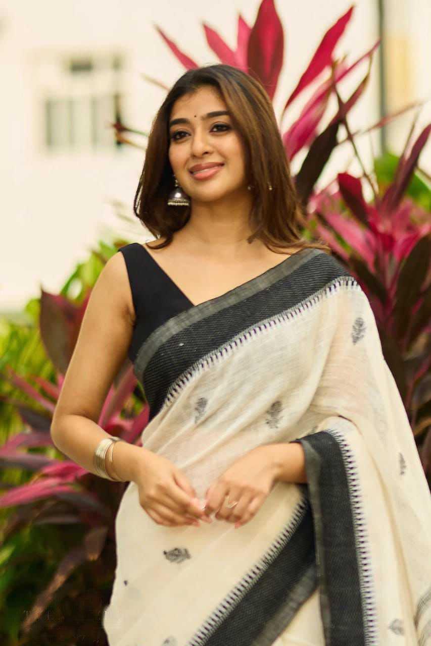 Cream Premium Linen Cotton Digital Print Saree with Matching Blouse - House of ViDi