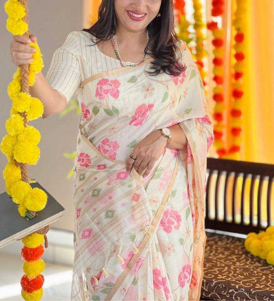 White Designer Jamdani Style Cotton Party Wear Saree with Elegant Weave - House of ViDi