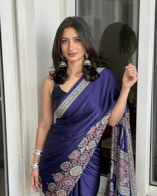 Gajji Silk Printed Saree in Japan Semi Gajji Fabric – Elegant Ethnic Drape with Unstitched Blouse - House of ViDi