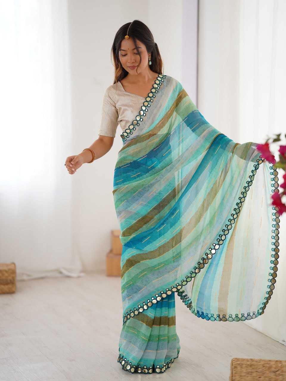 Sky Blue Heavy Marble Chiffon Lehriya Print Saree with Zari & Mirror Border – Elegant Festive & Party Wear Saree