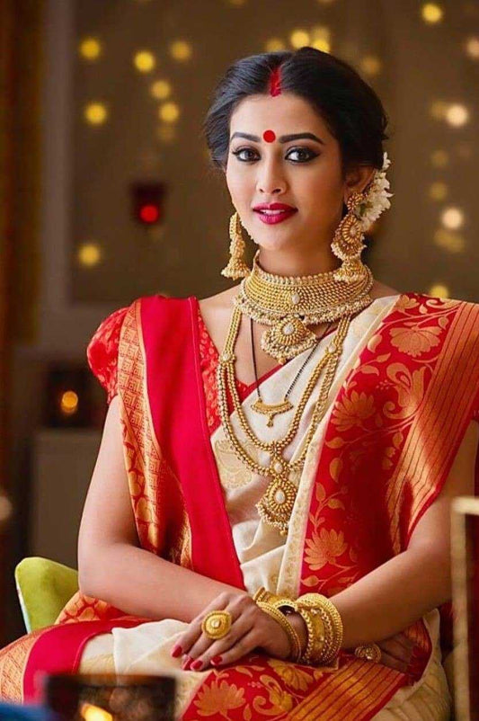 Banarasi Soft Silk Saree with Rich Zari Weaving – White & Red Durga Puja Elegance - House of ViDi