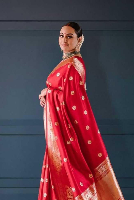 Sonakshi Sinha Inspired Soft Lichi Silk Saree with Jacquard Weaving & Rich Pallu – Timeless Ethnic Elegance [Red] - House of ViDi