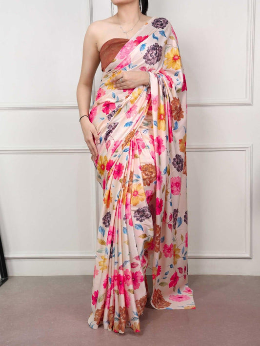Rani Satin Silk Printed Saree with Designer Blouse - House of ViDi