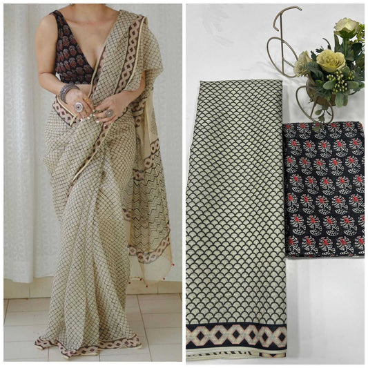 Grey Soft Kota Cotton Printed Saree with Contrast Blouse - House of ViDi