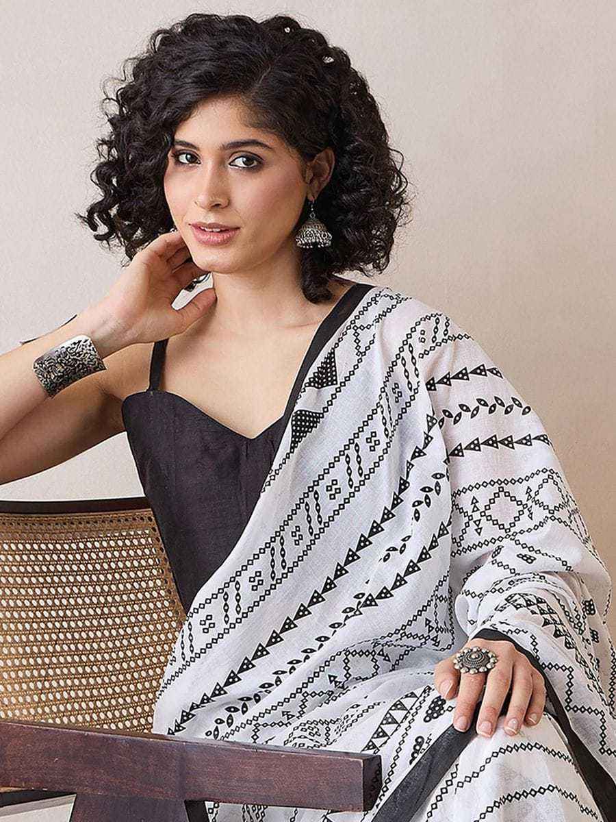 White Ready-to-Wear Mulmul Cotton Printed Saree with Pocket