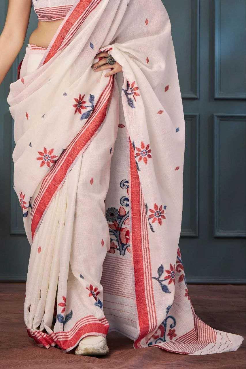 Cream Premium Linen Digital Print Designer Saree with Matching Blouse - House of ViDi
