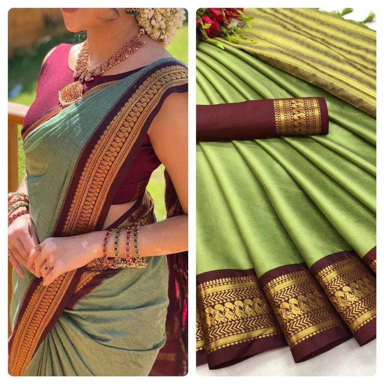 Pure Mercerised Cotton Silk Saree with Zari Border & Contrast Pallu – Ethereal Elegance with Unstitched Blouse [Pista] - House of ViDi