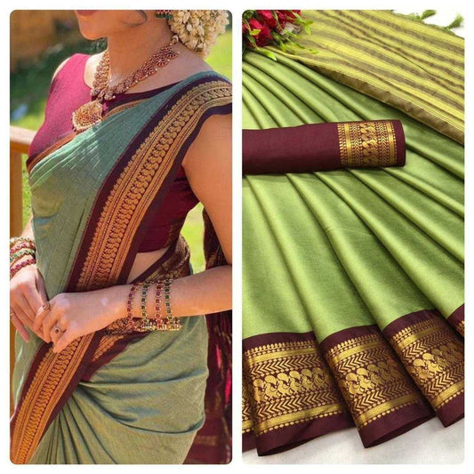 Pure Mercerised Cotton Silk Saree with Zari Border & Contrast Pallu – Ethereal Elegance with Unstitched Blouse [Pista] - House of ViDi