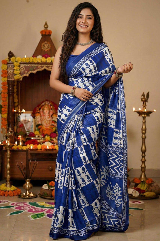 Navy Blue Ajrakh Bagru Block Print Cotton Mulmul Saree with Blouse | House of ViDi - House of ViDi