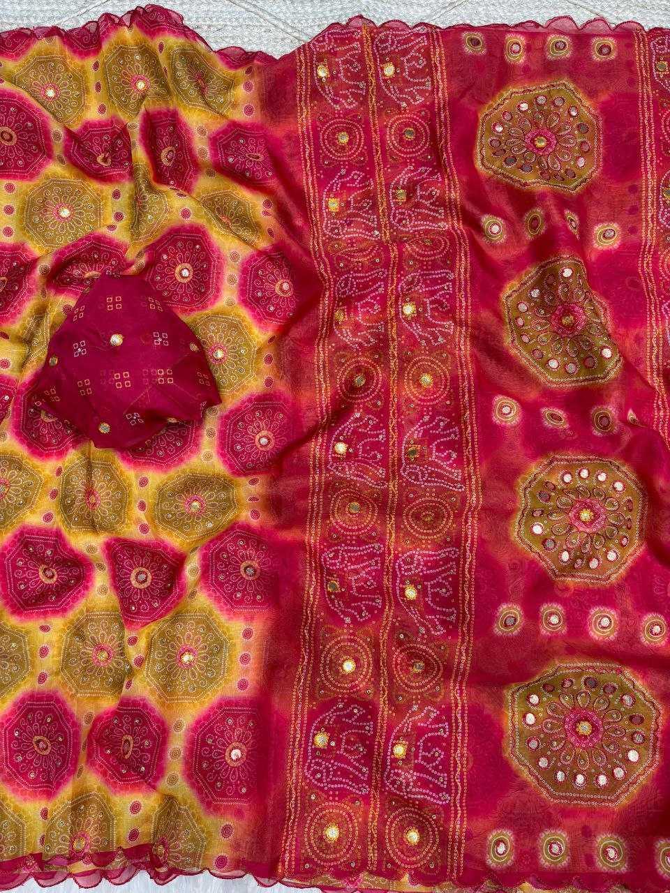 Designer Tabby Silk Digital Print Saree with Gota Handwork & Cutwork Border - House of ViDi