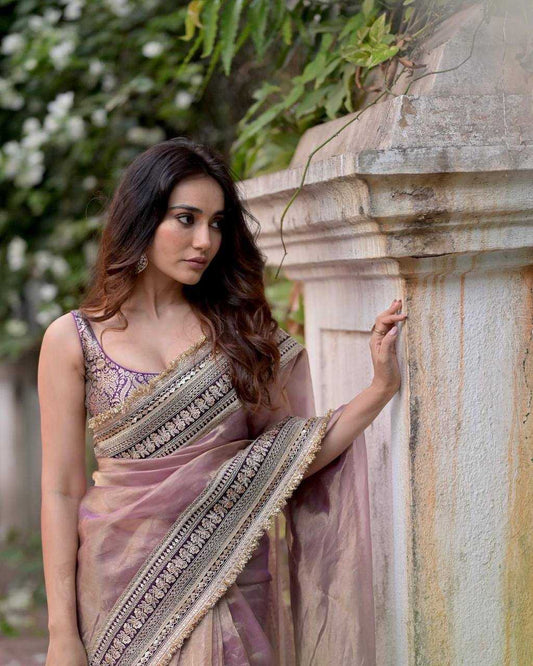 Designer Soft Twill Net Saree with Sequin & Dori Embroidery – Jacquard Silk Blouse - House of ViDi