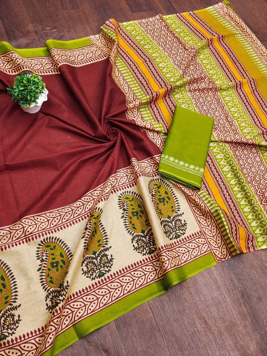 Maroon Pure Cotton Ajrakh Hand Block Print Saree with Blouse – Traditional Artisan Collection - House of ViDi