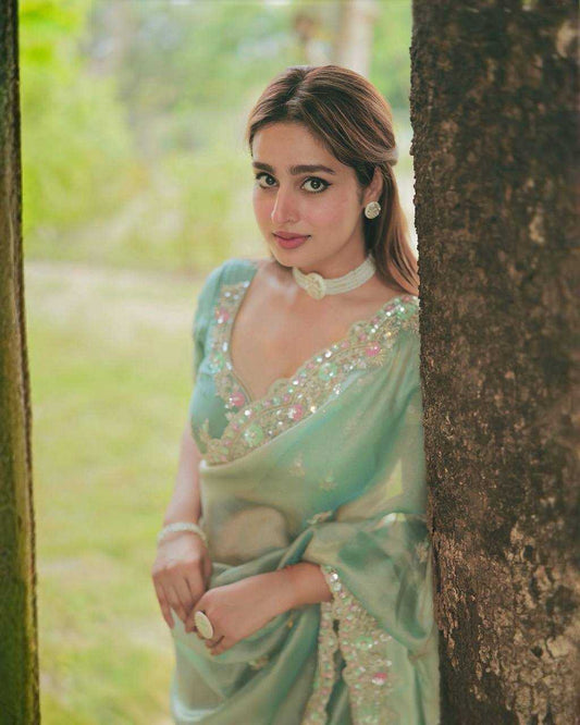 Ayesha Khan Inspired Embroidered Space Silk Saree with Multicolour Sequins – Party Wear with Designer Blouse - House of ViDi