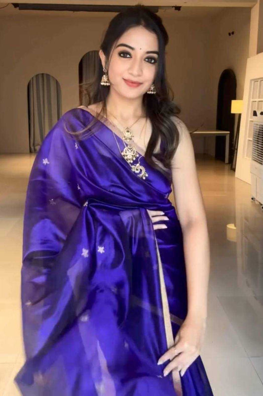 Soft Lichi Silk Saree with Full Jacquard Weaving & Opulent Pallu – Contrast Blouse with Jacquard Border - House of ViDi